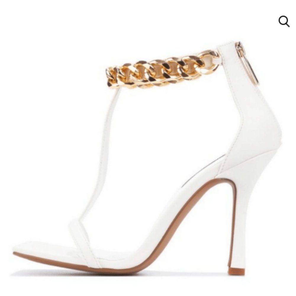 WHITE HEELED SANDALS | WHITE CHAIN STRAPPY SQUARE TOE HEELED SANDALS